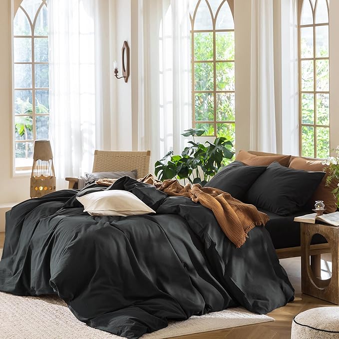 MooMee Bedding Duvet Cover Set 100% Washed Cotton Linen Like Textured Breathable Durable Soft Comfy (Solid Black, Super Queen 90"x98")