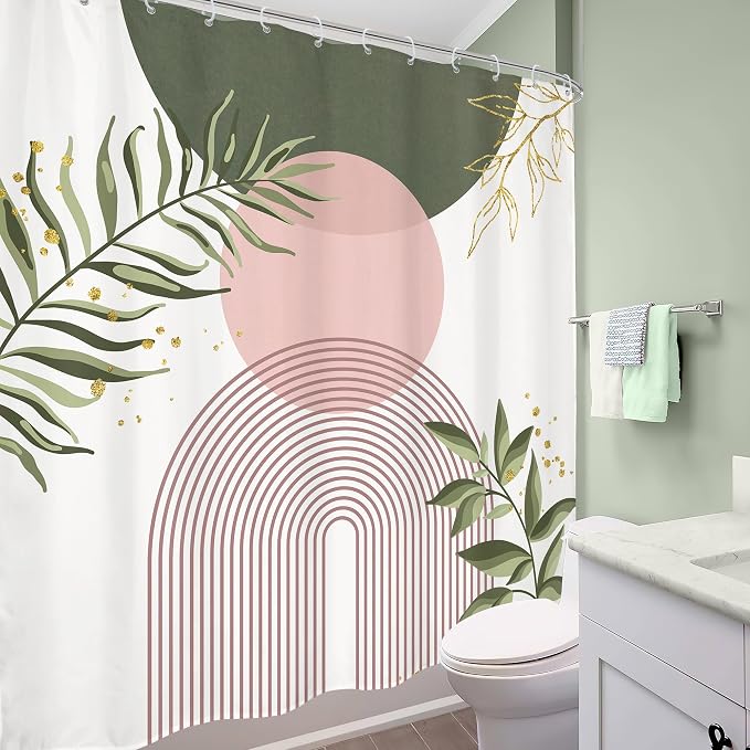 Green Pink Boho Shower Curtain 72Wx72H Modern Bohemian Abstract Sage Green Gold Leaves Plant Botanical Minimalist Bathroom Decor Geometric Neutral Bath Curtain Fabric Polyester 12 Pack Hooks