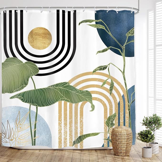 Glawry Navy Blue Boho Shower Curtain Mid Century Abstract Light Blue Tropical Palm Botany Sun Arch Plant Minimalist Bathroom Modern 72Wx72L Inches Bath Accessories Art Home Decor Fabric 12 Pack Hook
