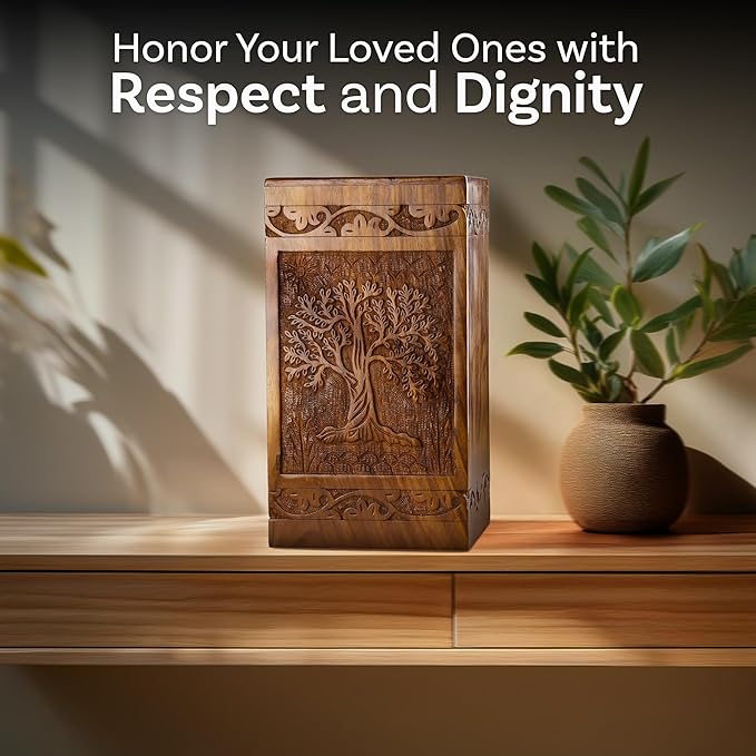 INTAJ Handcarved Wooden Cremation Urn for Human Ashes - Tree of Life Design, 250 lbs Capacity, Suitable for Adult Men and Women - Decorative Funeral Urn Box and Casket