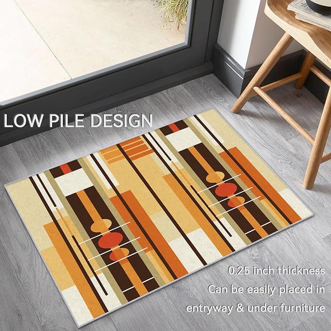 Contemporary Geometric Rug 8x8, Washable Retro Stripe Rugs for Living Room Bedroom, Mid Century Modern Area Rug for Home Decor, Non Slip Backing Floor Carpet with Gripper - 8 x 8 ft