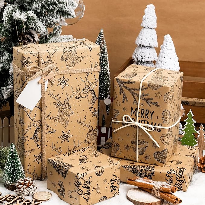 MAYPLUSS Kraft Christmas Wrapping Paper Jumbo Roll - 30 In X 120 In Per Roll - Vintage Brown Kraft Christmas Ornaments, Gingerbread Cookies, Pinecone & Deer Print Winter Gift Wrap for Rustic Holiday