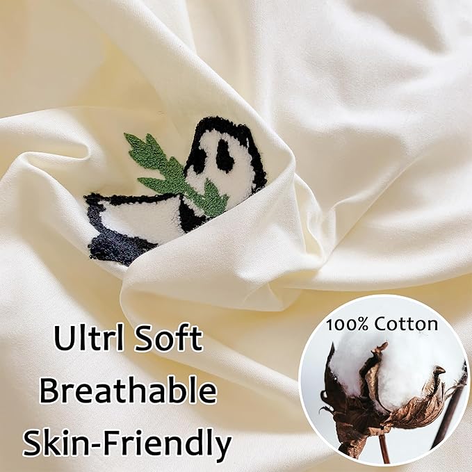 MorroMorn Queen Duvet Cover Cotton, 3D Embroidery Queen Bed Set Green, Chenille Embroidered Comforter Covers Blanket Soft Breathable Sweat-Absorbent for Girls Boys Kids Teen (Panda, Full/Queen)