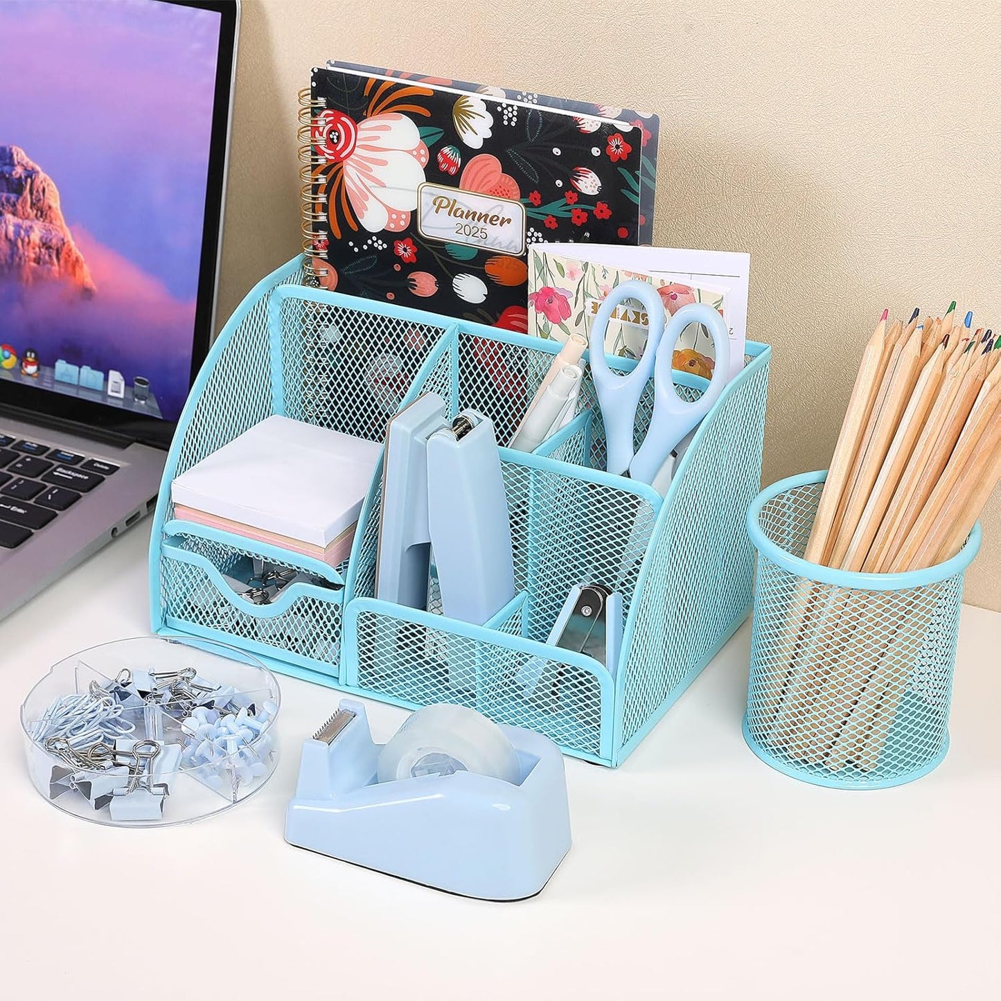SKYDUE Office Supplies Set - Blue Mesh Desk Organizer with Stapler, Tape Dispenser & Scissors | 1000 Staples Included