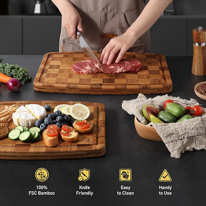 2 Pack Heavy Duty Bamboo Cutting Board Set Non Slip Over Sink Solid Thick Wood Chopping Board End Grain Extra Large Big Small Best Organic Hardwood Wooden Kitchen Essential New Home Housewarming Gift