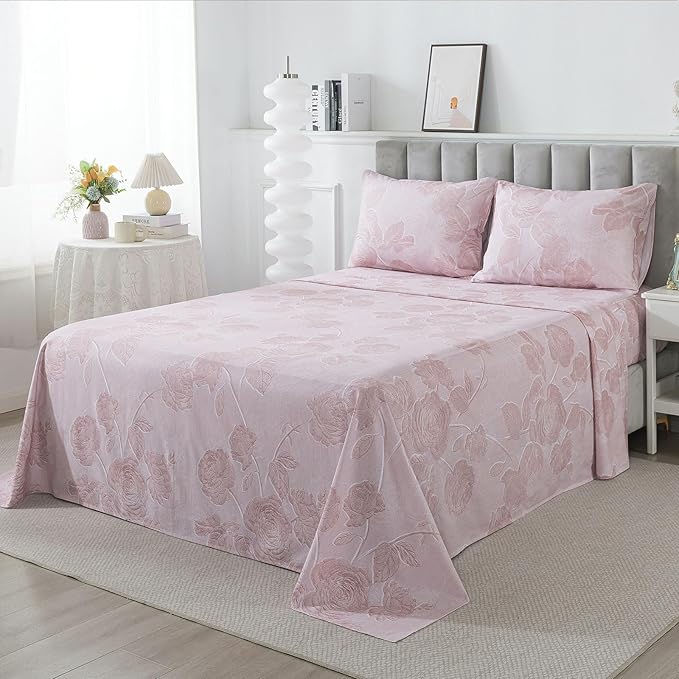 FADFAY Pink Vintage Floral Queen Size Sheets Set 100% Brushed Cotton Shabby Rose Flower Pattern Bedding Set Deep Pocket Sheets with 2 Pillowcases Luxury Breathable Soft 4pcs, Queen Size