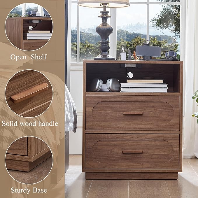 Walnut Night Stand Set of 2 with Charging Station, 25.8" Tall Wood End Table with 2 Storage Drawers and Open Shelf, Mid Century Modern Bedside Table for Bedroom, Living Room, Walnut