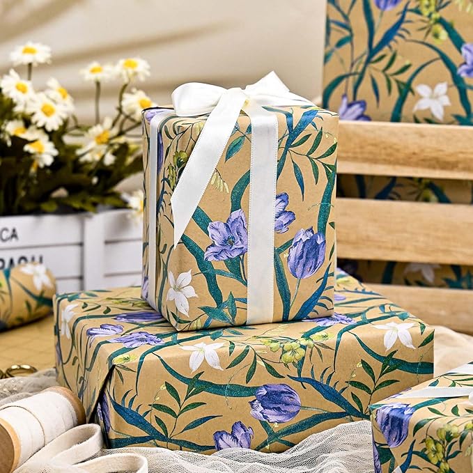 MAYPLUSS Floral Kraft Wrapping Paper Roll - 17Inch x 33Feet - Elegant Tulip Gift Wrapping Paper Watercolor Flower Gift Wrap Paper for Birthday, Mothers Day, Bridal Shower, Engagement, Valentine's Day