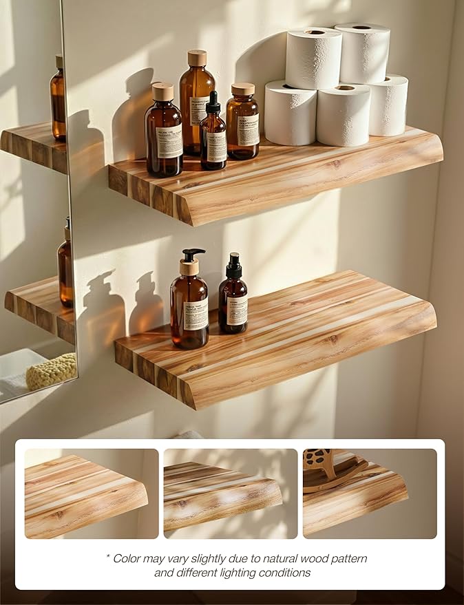 BATODA 17” Acacia Live Edge Floating Shelves, Wooden Floating Shelves for Wall - Set of 2 Floating Book Shelves, Book Shelf for Wall - Mounted Shelf, House Decor with Hardware (Natural Color)