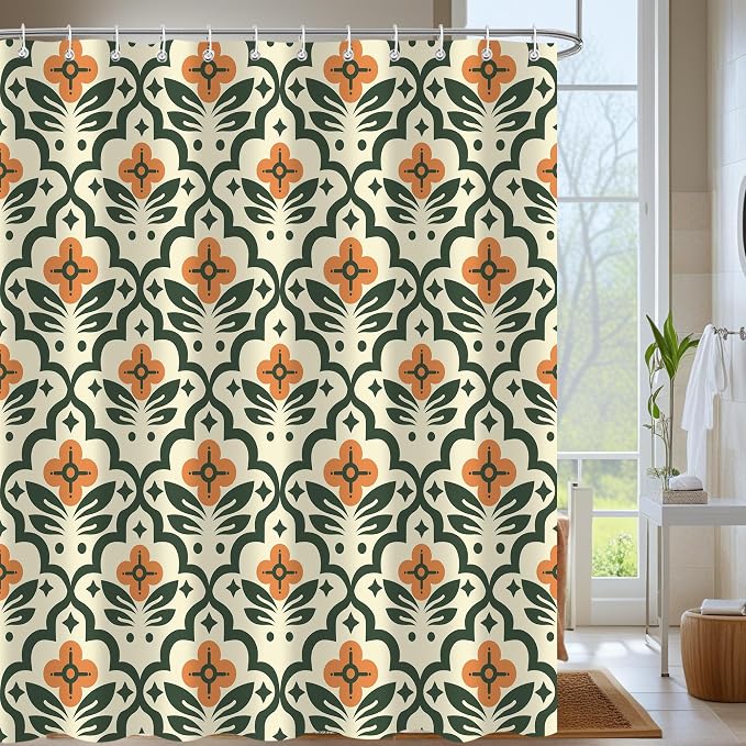 Vintage Boho Floral Shower Curtain，Mid Century Modern Abstract Orange Green Bathroom Curtain，Polyester Fabric Waterproof Bath Curtains 72x72 Inch with 12 Hooks