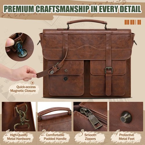 RAINSMORE Men's Vintage Leather Messenger Bag - 17 Inch Laptop Briefcase with Magnetic Closure