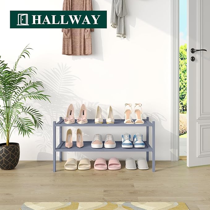 Smiry Bamboo Shoe Rack, 2 Tier Shoe Organizer for Entryway & Closet, Stackable Free Standing Storage Shelf for Shoes, Bags & Plants, Grey