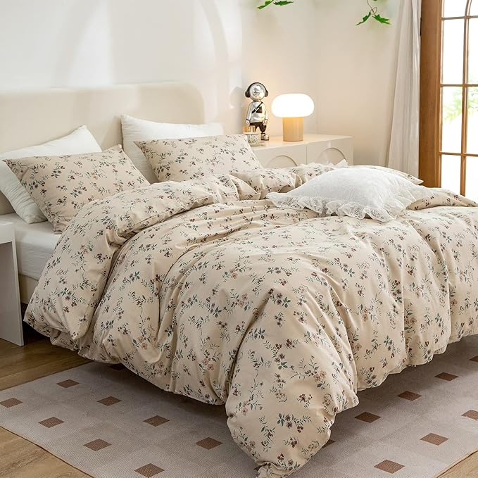 Floral Queen Comforter Set 3 Pieces Soft Chic Garden Style Floral Print Lightweight Vintage Botanical Flowers Comforter Set for All Seasons 1 Comforter and 2 Pillowcases