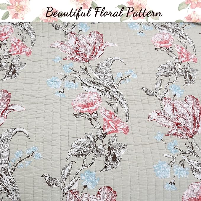 Cozy Line Home Fashions Taupe Khaki Floral Blooming 100% Cotton Reversible Quilt Bedding Set, Coverlet, Bedspread (Taupe Blooming, Queen - 3 Piece)