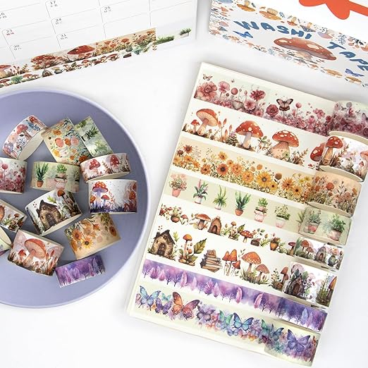 KOVANO Washi Tape Set 13 Rolls - Mushroom Butterfly Floral Decorative Tape, Colored Masking Tape for Scrapbooking Supplies, Bullet Journal Supplies, Junk Journal, DIY Crafts Art
