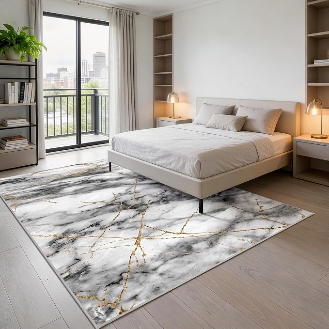 Merelax 5x8 Rug for Bedroom Livingroom - Washable Non-Slip Large Area Rug, Indoor Floor Carpet Low Pile Soft Rug for Dining Room, Mudroom, Modern Aesthetic Abstract Geometric Decor, Grey/Gold