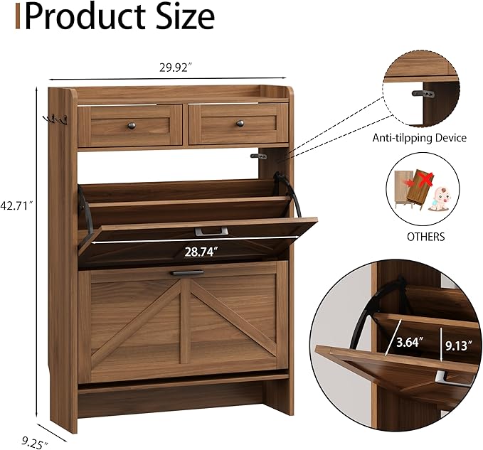 Shoe Cabinet with 2 Flip Drawers & 2 Top Drawers, 43" Tall Freestanding Narrow Wooden Shoe Storage Organizer for Entryway, Hidden Slim Shoe Rack for Front Door Entrance, Hallway, Living Room, Walnut