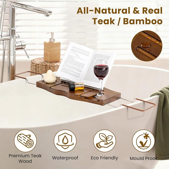 Teak Bathtub Tray Expandable Bathroom Tray for Home Spa Relaxation, Wooden Tray Caddy for Bathtub, Teak Bathtub Caddy as Unique Housewarming, Birthday, Wedding Shower Gifts. Light Walnut