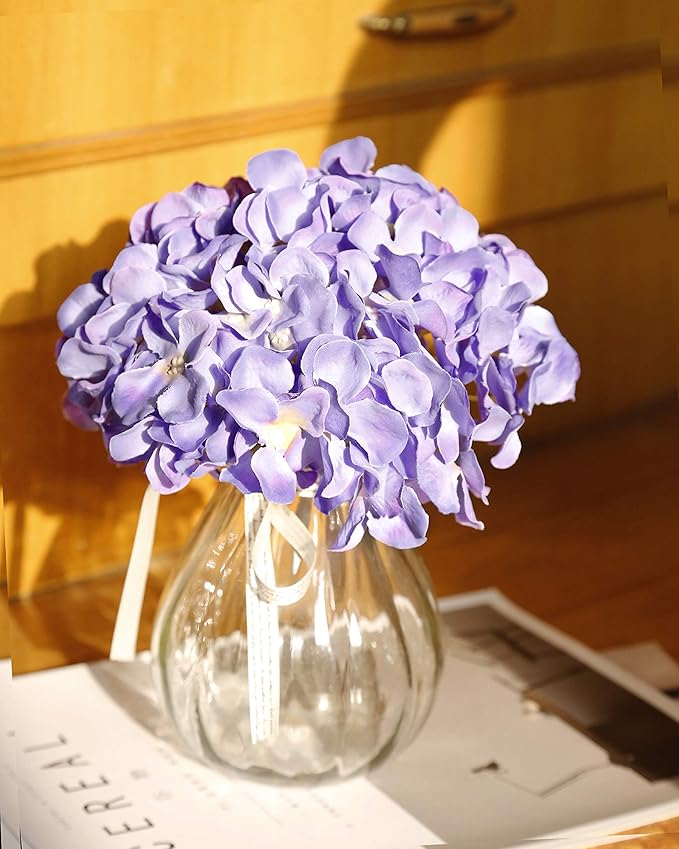 DuHouse Silk Hydrangea Artificial Flowers Heads with Stems for Wedding Home Decor Pack of 6 (Purple)