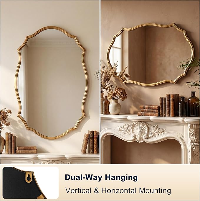 Wall Mirror with Metal Frame, 24" x 36" Antique Gold Ornate Vanity Mirror, Large Hanging Vintage Decorative Mirror for Bathroom, Entryway, Bedroom, Living Room