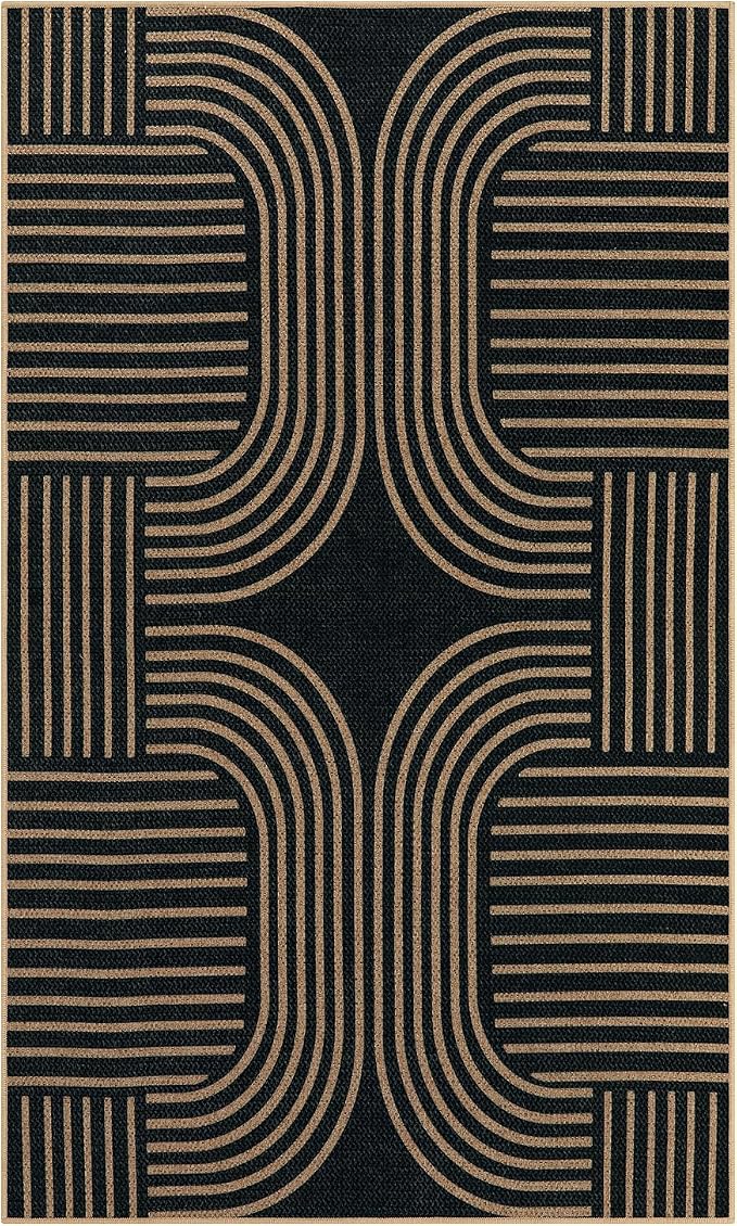 Lahome Enfys Modern Geometric Outdoor Easy Jute Rug, 3x5 Indoor Outdoor Rugs for Entryway Black Living Room Carpet, Farmhouse Washable Non Slip Carpet for Patio Courtyard Bedroom