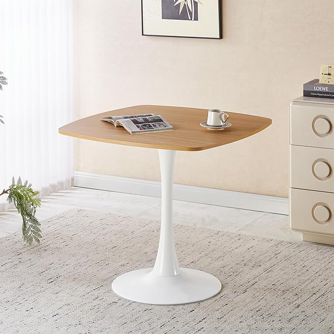 31.5 Inch Square Dining Table for 2 to 4 Person Mid Century Modern Tulip Table with Metal Pedestal Base Thick MDF Top for Apartment Kitchen Bistro Office, Oak and White