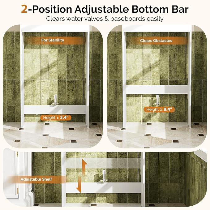 VINGLI Over The Toilet Storage Cabinet White, Modern Bathroom Organizer with Fluted Doors, Freestanding Wooden Space Saver Stand with Adjustable Bottom Bar for Laundry, Gold Handles