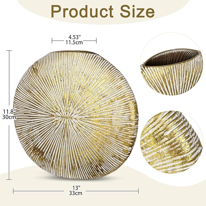 Gold Metal Vase for Home Decor – 13" x 11.8" Modern Decorative Vase for Pampas Grass, Artificial Flowers & Dried Bouquets – Elegant Textured Flower Vase for Living Room, Bedroom & Office