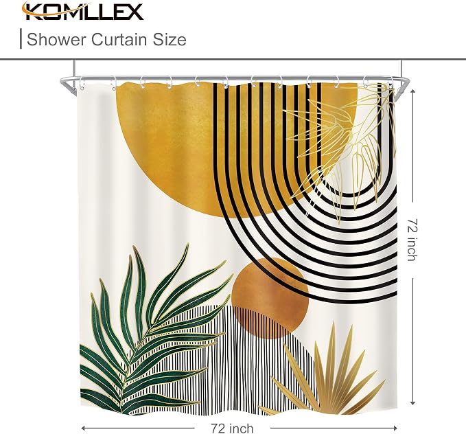 KOMLLEX Mid Century Boho Shower Curtain for Bathroom Decor Abstract Modern Sun Minimalist Aesthetic Arch Curve Leaves Geometric Yellow Gold Neutral Fabric Waterproof Polyester 12 Hook 72Wx72H