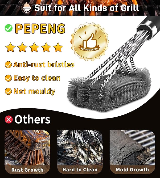PePeng BBQ Grill Cleaning Brush, Heavy Duty Grill Cleaning Brush for Outdoor Grill, 3-Branch Stainless Steel Bristles Cleaner for Easier and Effective Clean, BBQ Tools for Gas/Charcoal Grilling Grates