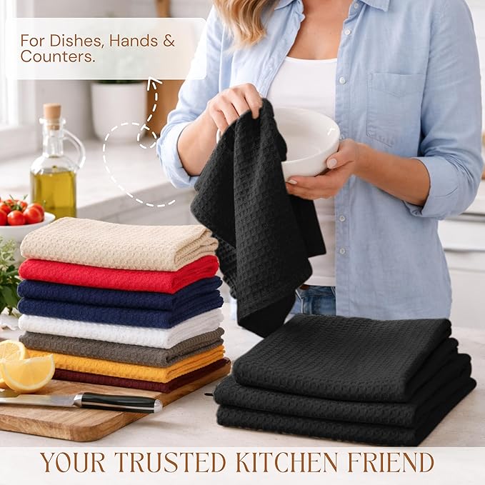 Black Waffle Kitchen Dish Towels 100% Cotton, Soft, Absorbent, Quick Drying, Multipurpose Use, Bar & Tea Towels, 16x26 Inches, Durable, Machine Washable, Reusable, Set of 12