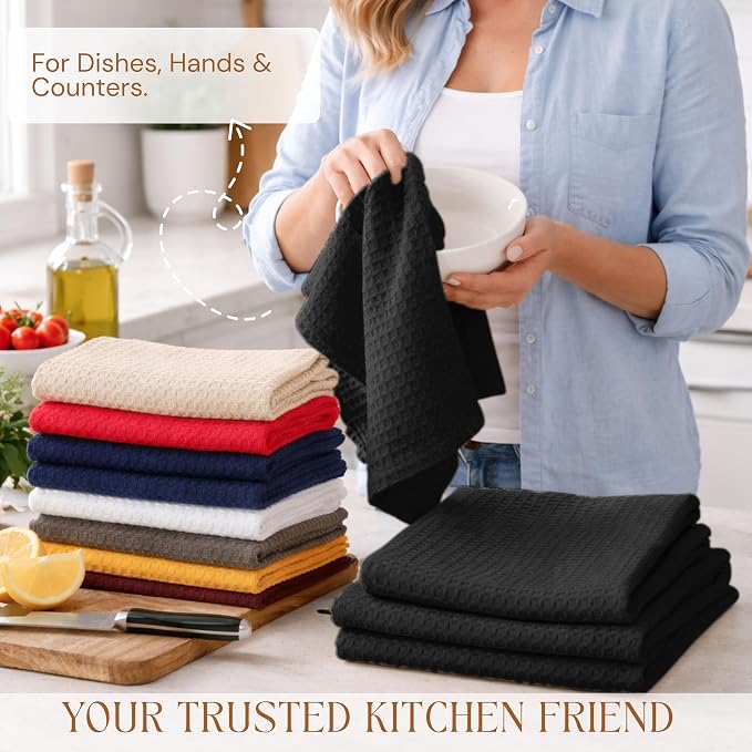 Black Waffle Kitchen Dish Towels, 100% Cotton, Quick Dry, Super Absorbent, Soft, 16x26 Inches - Ideal for Dish Drying, Bar, Hand Wipe, Cleaning, and Everyday Use, 4 Pack