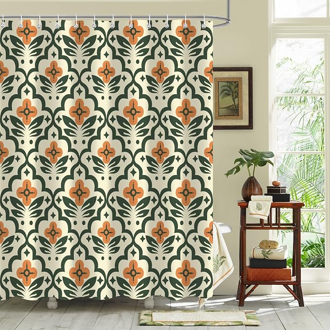 Vintage Boho Floral Shower Curtain，Mid Century Modern Abstract Orange Green Bathroom Curtain，Polyester Fabric Waterproof Bath Curtains 72x78 Inch with 12 Hooks