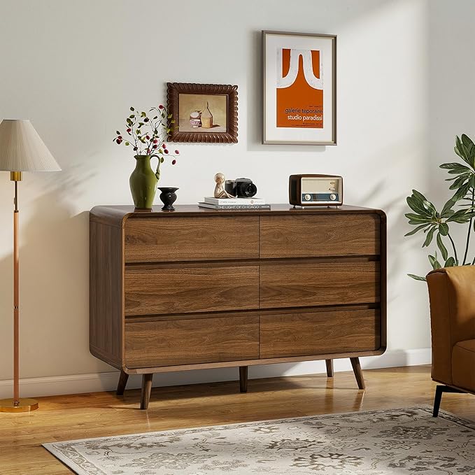 Dresser for Bedroom, 47" Wide Mid Century Modern Chest of Drawers with 6 Storage Drawers, Curved Beveled Design, Dark Wood Dresser TV Stand for Living Room, Closet, Walnut