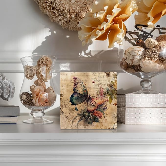 KFXHANGD Vintage Butterfly Wooden Box Sign, Wildflower Signs for Bathroom, Bedroom, Home, Rustic 5x5 Inch