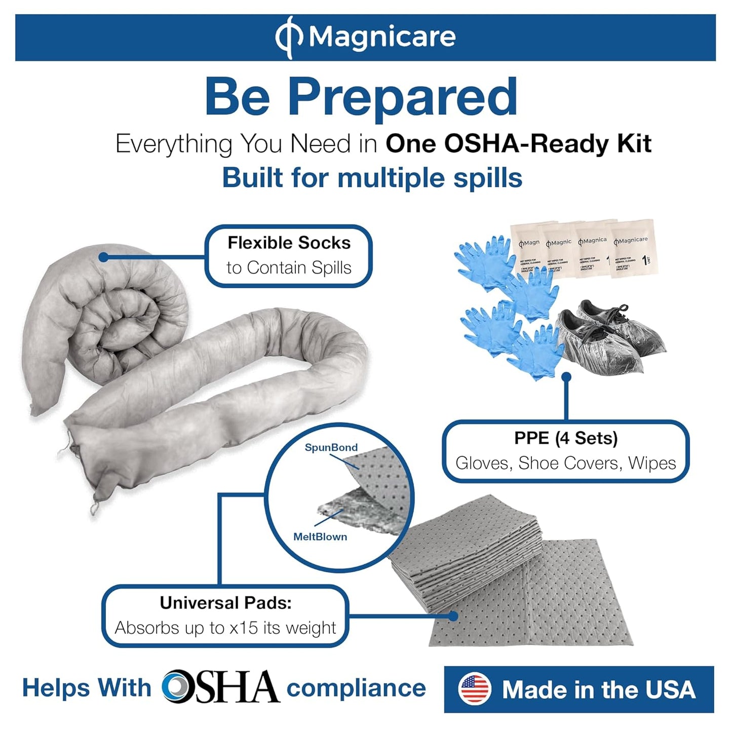 Universal Spill Kit - OSHA Approved Biohazard Cleanup for Oil, Water & Chemicals | 15 Absorbent Pads, 2 Socks, PPE in Bright Orange Duffel Bag