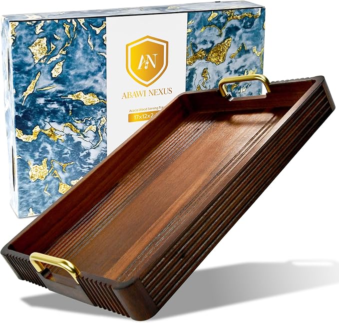 Acacia Wood Serving Tray with Metal Handles, 17x13in, Decorative Coffee Table Tray & Ottoman Tray, Anti-Slip Pads, Dark Wood Tray for Breakfast in Bed, Bar Tray, Gift Box