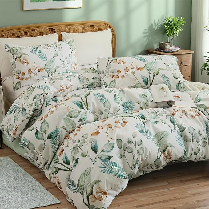 100% Cotton Duvet Cover Queen Size – Eucalyptus Botanical Print Green Floral Duvet Cover Set, 3-Piece Soft Breathable Natural Premium Cotton Bedding Set for All Seasons