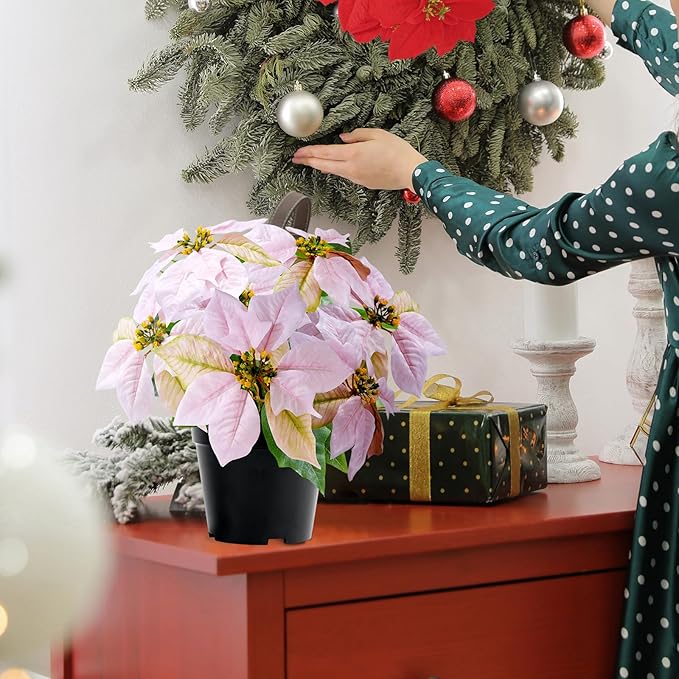 Artificial Pink Poinsettia Plant - 14Inch Faux Christmas Flowers for Indoor Outdoor Xmas Porch Garden Decorations