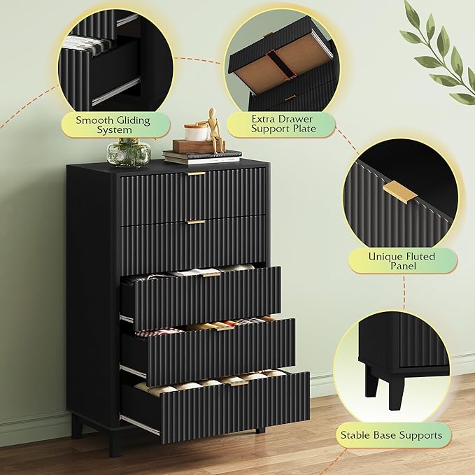 WLIVE Fluted Dresser for Bedroom with 5 Drawers, 46.26" Tall Wooden Dresser with Golden Metal Handles, Mid Century Modern Chest of Drawers for Living Room, Hallway, Closet, Solid Black