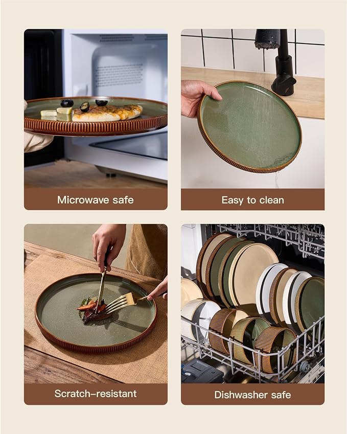 Stoneware Plates and Bowls Dishes Sets Service for 6 (18-Piece), Famiware Premium Handcrafted Reactive Glaze Dinnerware Set with Raised Rim, Scratch Resistant, Microwave Dishwasher Safe, Moss Cocoa