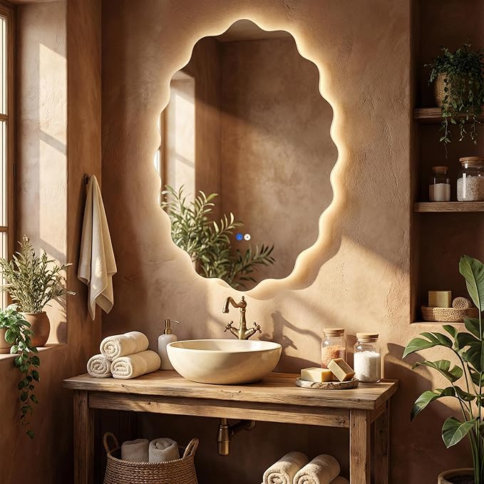 Oval Wavy Led Bathroom Mirror- Vanity Mirror with Lights IP54 Enhanced Anti-Fog,Single Piece 24"x36" 3 Colors Dimmable, Memory,Tempered Glass,UL Listed