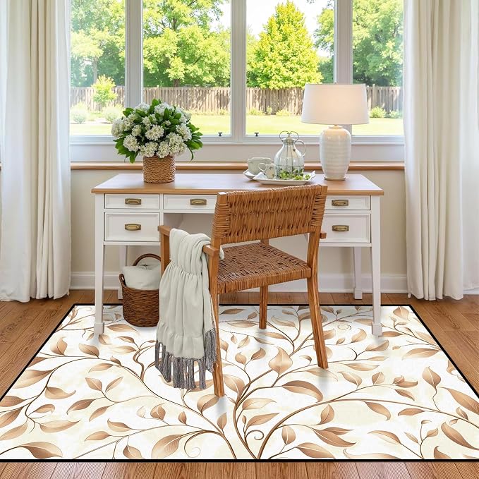 Botanical Leaf Vine Area Rug Beige Floral Branch Print Rug for Bedroom Living Room Kitchen Nursery Playroom Home Decor Non-Slip Washable Floor Mat Modern Farmhouse Carpet,4'x6'