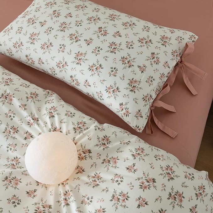 VM VOUGEMARKET Peach Flower Bedding Set King Chic Girls Floral Duvet Cover with Zipper Closure 100% Cotton Blush Pink Comforter Cover Set(3 pcs,104x90)