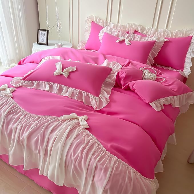 Girls Lace Bedding,Queen Comforter Cover Set, Chic Ruffled Duvet Cover with Lovely Bow,Princess Style 1 Duvet Cover with 2 Pillowcases, No Comforter-Hot Pink,Full Size
