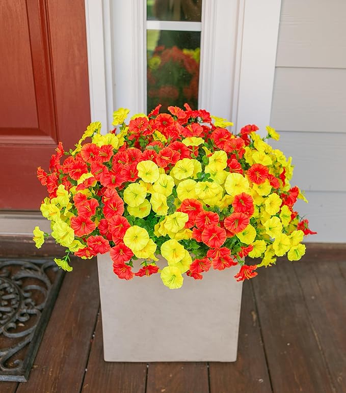 Artificial Flowers Fake Plants for Outdoors Decoration, 12 Bundles Silk Morning Glory with Eucalyptus Realistic UV Resistant Faux Flowers for Outside Planter Porch Yard Patio Garden Home Indoor, Mix