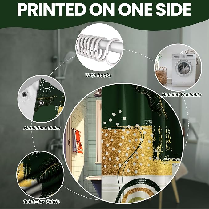 Green and Gold Mid Century Modern Shower Curtain Bohemian Abstract Shower Curtains for Bathroom Decor Sets, Waterproof Cloth Fabric with Hooks, 60x72 Inch