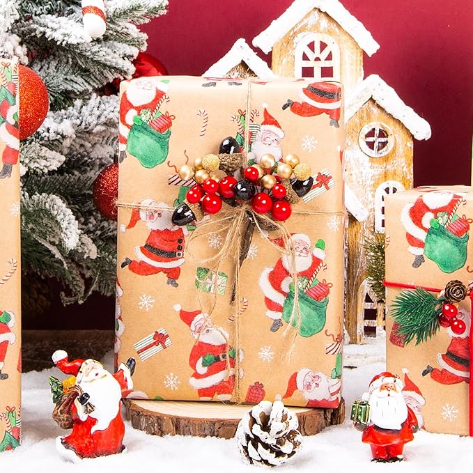 Yarcony Santa Christmas Wrapping Paper Roll, Kraft Holiday Wrapping Paper, Recyclable Funny Red Rolls From North Christmas Gift Wrap for Winter Holiday Packaging, Party Decoration (17 Inch X 33 Feet)
