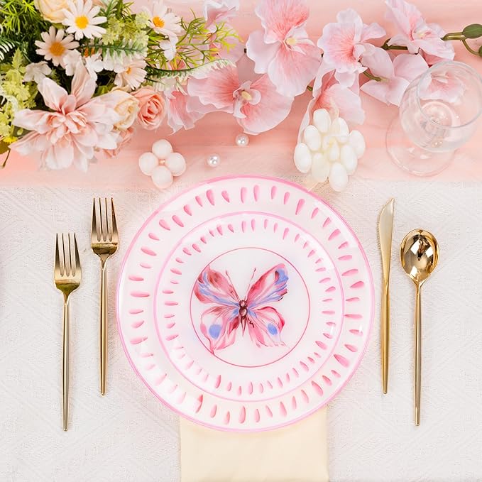 U-QE 20Pcs Pink Plastic Plates for Party - Pink Butterfly Plates Disposable Heavy Duty includes 7.5" Dessert & 10.25" Dinner Plates, Ideal Suitable for Baby Shower, Garden Gathering and Themed Event