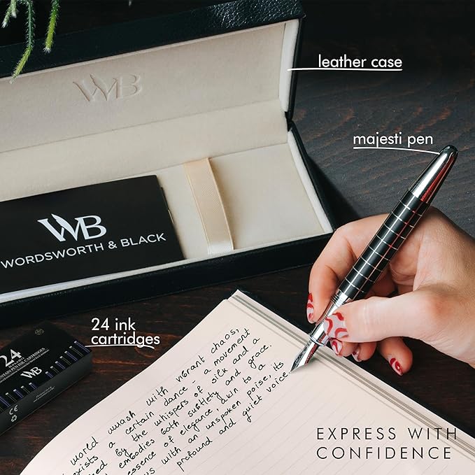 Wordsworth & Black Majesti Fountain Pen - (Checked), Luxury Case, Chrome Finish, Iridium Medium Nib - 24 Ink Cartridges, Refillable Ink Converter-Calligraphy Pen-Best Business Gift Set for Men & Women